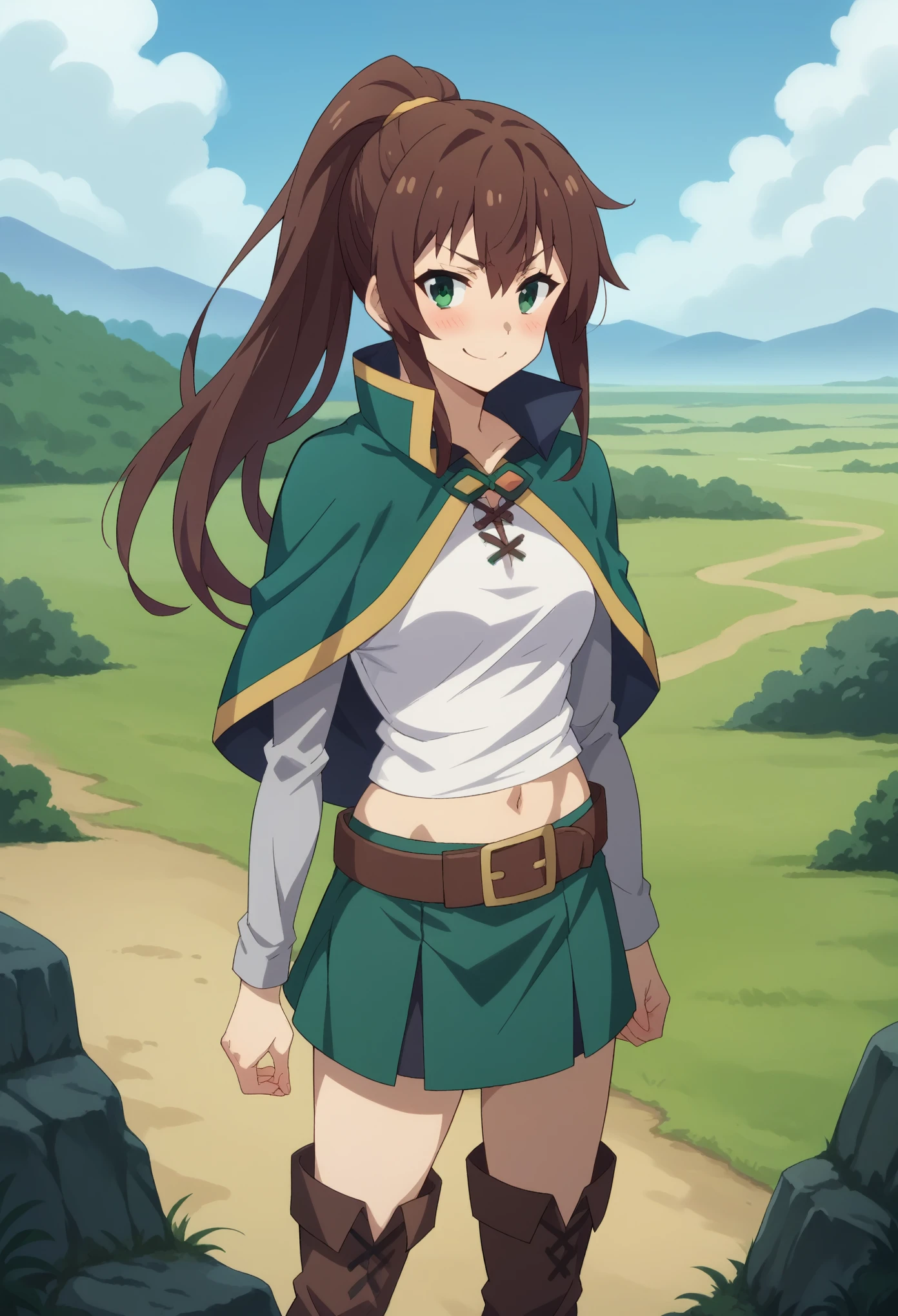 score_9, score_8_up, score_7_up, 1girl, solo, (female:1.5), female focus, female body, kazuma satou, long hair, brown hair, green eyes,shirt, long sleeves, white shirt, belt, green skirt, short skirt, black pantyhoses, navel, capelet, brown belt, long boots, standing, long strands of hair,  slut pose, ponytail, perverted face, smirk, blushing, looking at you, landscape, centered image,
