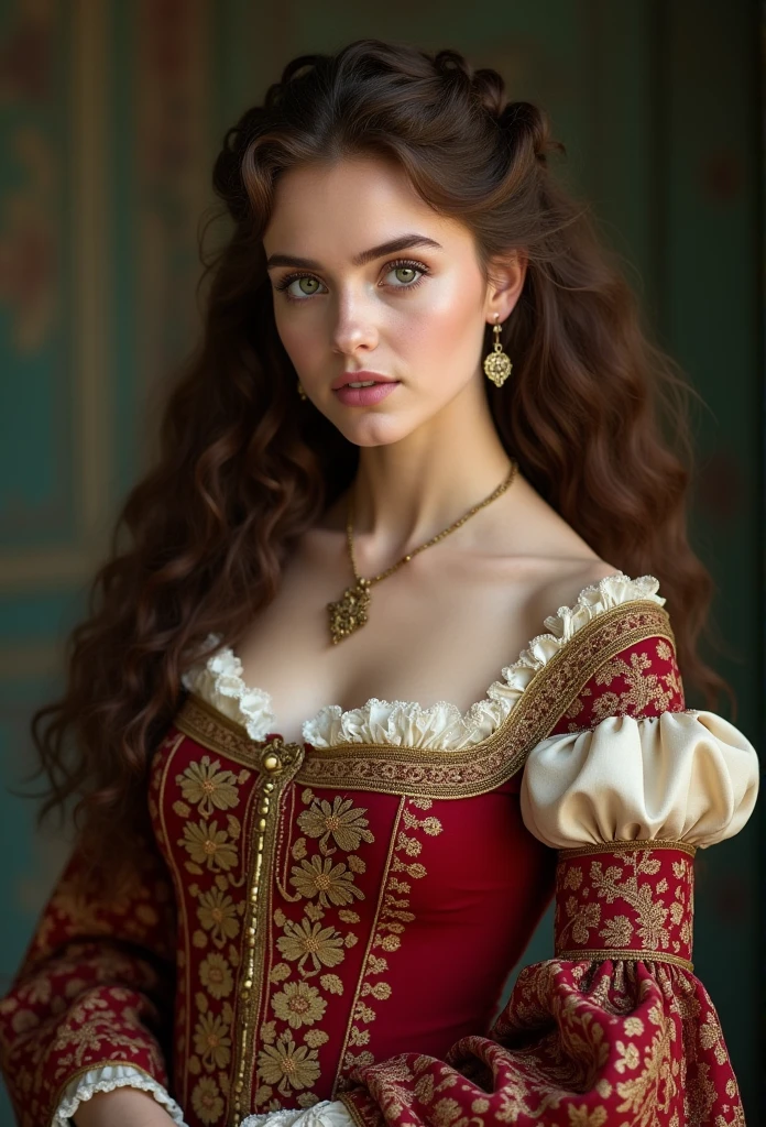 A young female noblewoman around 18 years old, chubby, voluptuous, buxom with large breasts, waist-length curly brown hair, with curls unbound tumbling freely down her back, Distinctive green eyes, Using Kohl, elegant, beautiful, wearing a Medieval regal dress, Ultra Sharp Focus, Realistic shot, Medieval women's clothing, Tetradic colors