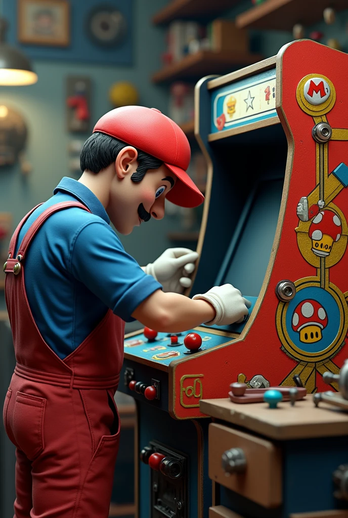 Mario mechanic building arcade machine near view