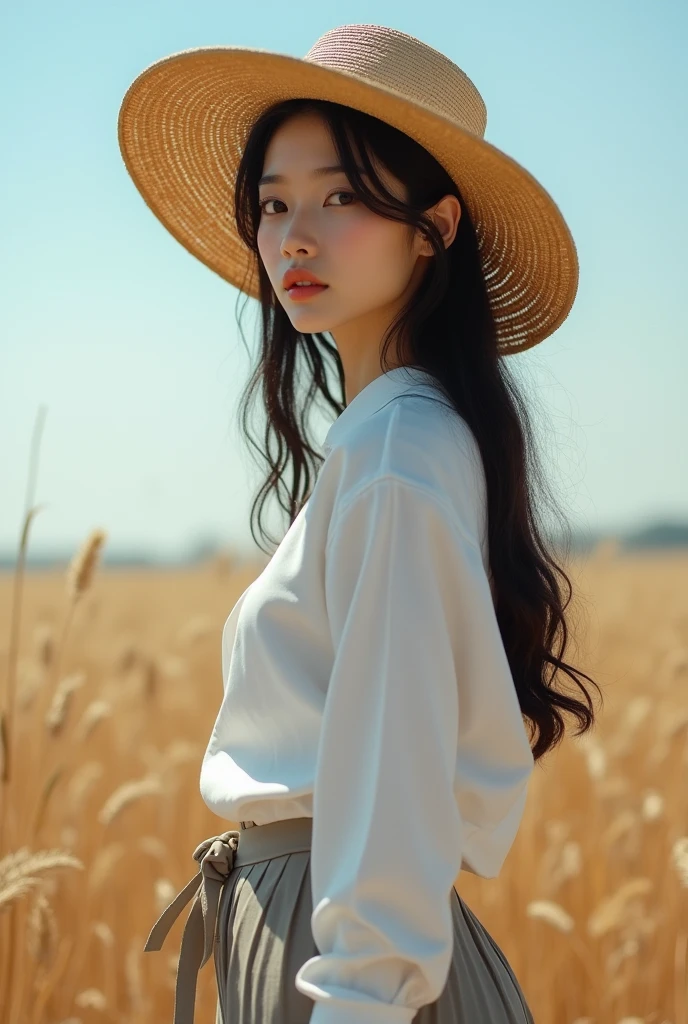 8k resolution, Surreal, Very detailed, high quality,Perfect Anatomy, (girl: 1.1), girl1名, Beautiful Japanese Women,26 years old, Shinwes, Detailed face, Long Hair, (Huge breasts),(Wide Hips),The background is a field,Straw hat,Fair skin,White Shirt,Long skirt,Diagonal shot from behind