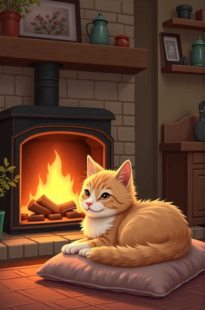 Create a pet illustration with a 2D illustration. She is sitting by the fire