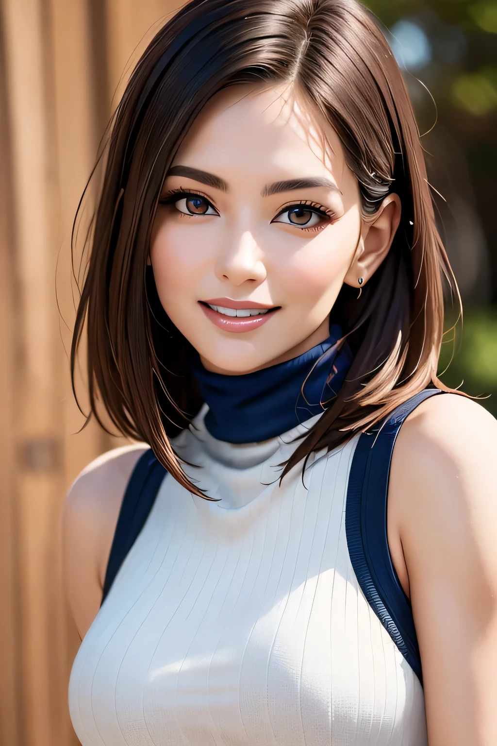 ((masterpiece)), ((Highest quality)), ((Complex)), ((Surreal)), (Realistic), (Mature Woman), ((No classes)), Very detailed, (1 female), Beautiful and exquisite, (Beautiful Teeth), Grin, Brunette bob hair, Brown eyes, ((Blue turtleneck)), (Upper Body), (background:none), Perfect Eyes, Captivating eyes, Looking at the audience