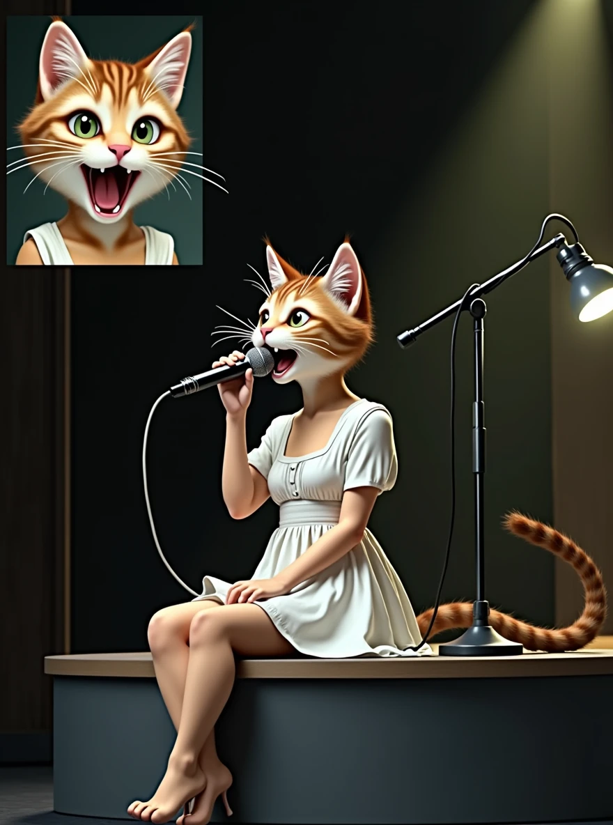 A cute female cat is wearing a one-piece white dress and sitting at the edge of the stage singing with a microphone。In the small window at the top left of the screen, a close-up of a cat's face with its mouth wide open and yawning.。(((photograph、Realistic)))