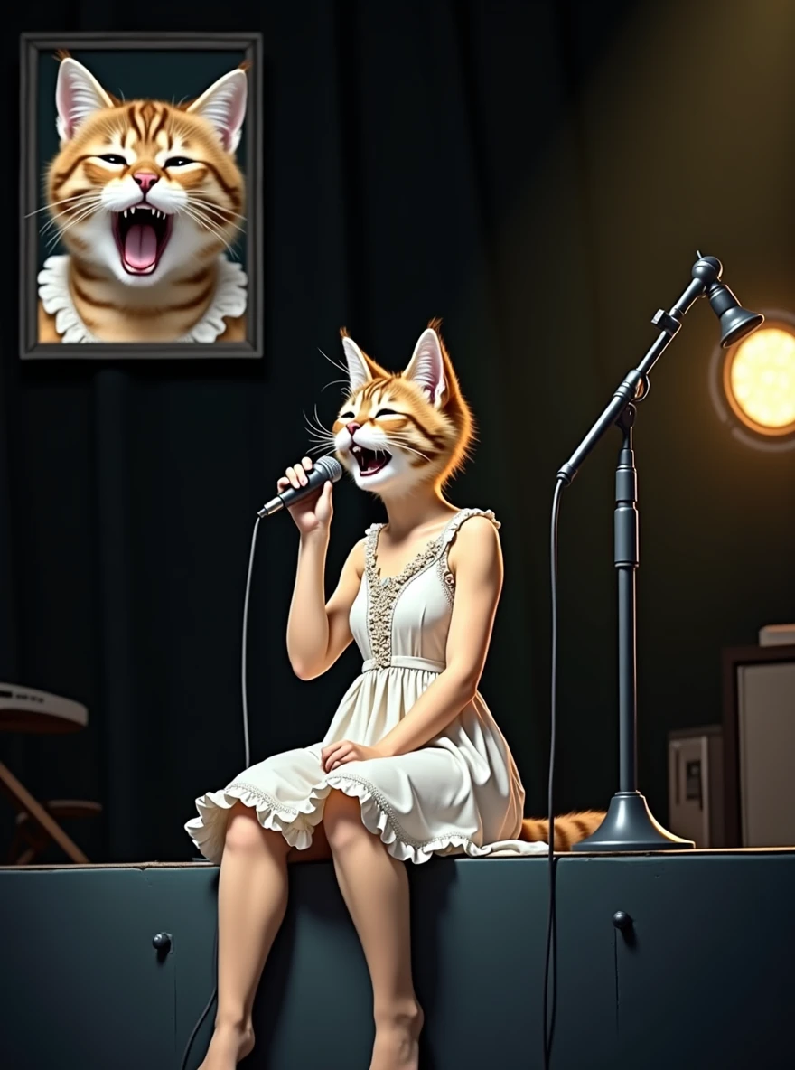 A cute female cat is wearing a one-piece white dress and sitting at the edge of the stage singing with a microphone。In the small window at the top left of the screen, a close-up of a cat&#39;s face with its mouth wide open and yawning.。(((photograph、Realistic)))