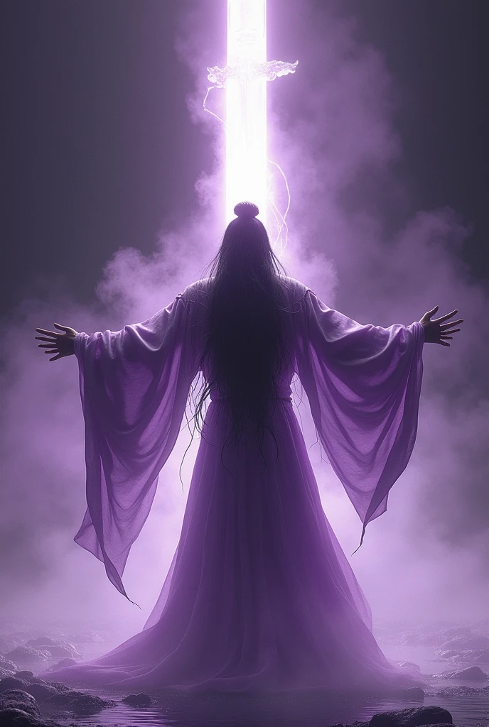 China-style,The scene is,The Taoist priest stood in front of a huge transparent Chinese sword,Stretch your hands,Long messy hair,Glow effects,Hyper-realistic,Ultra photo realsisim,Chinese black and white ink style,The purple,Decolorization,Smudge,ink,8k,super-fine,high qulity,OC renderer