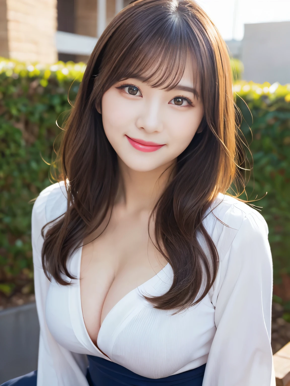 Looking at the camera、gazing at viewer、huge tit、cute smile face、((realphoto:1.5)),Photorealistic、Live action、cleavage of the breast、Navy blue office suite with skirt、white shirt、Photo from the knee up、Keep your back straight、up chest、erect through、(Surreal),  (High resolution), (8K), ((Extremely detailed)), (Best Illustration),(((Beautiful detailed round eyes))), (Sexy eyes),(Sexy smile), (Best Quality),  (masutepiece), (Detailed face), Solo, long curly brown hair,1.1, (Super detailed lip lawn eyelid body)