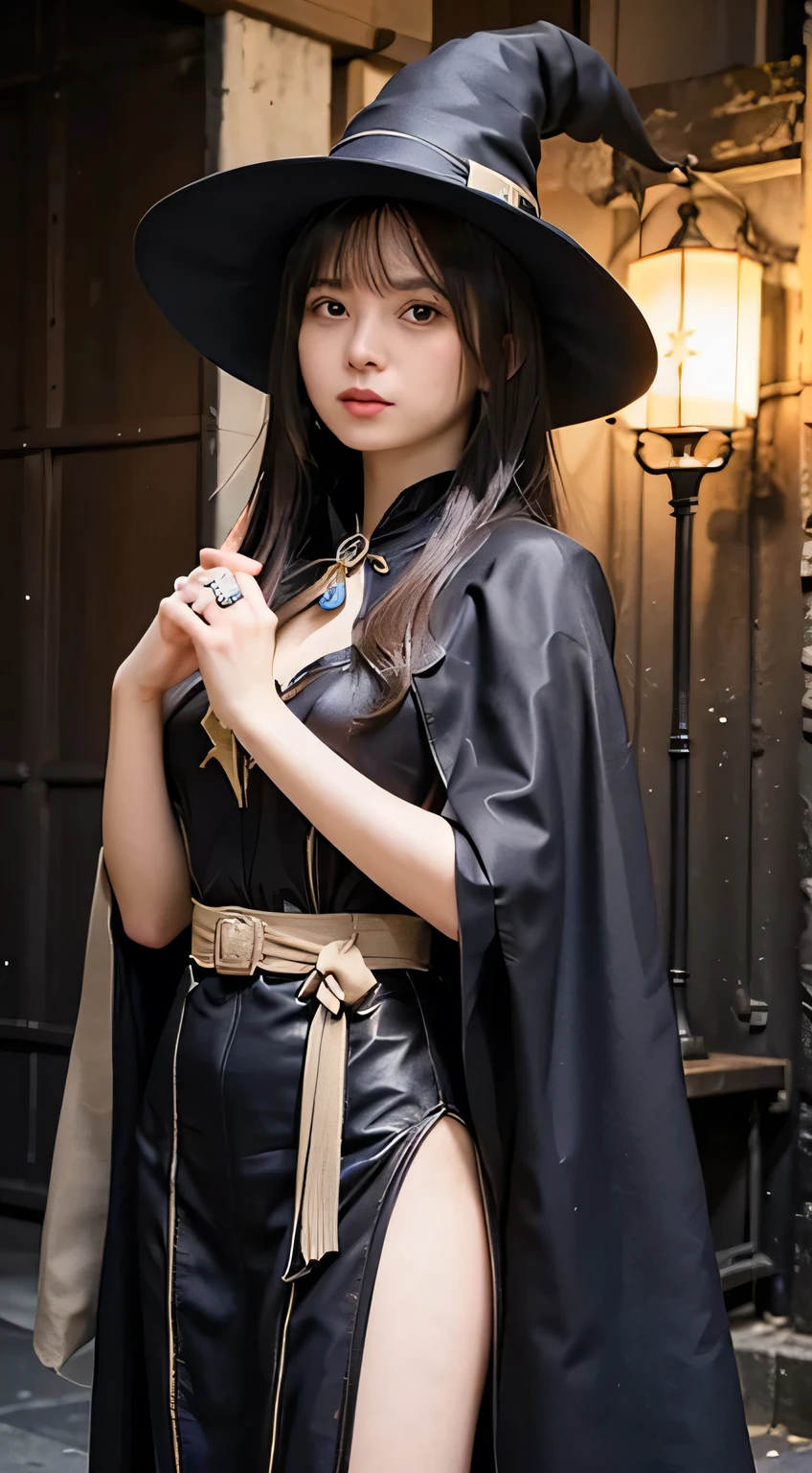 1 girl, cute girl, pretty face, bitter smile, , Beautiful black long hair, beautiful eyes, flat chest, small build, short torso, Small buttocks, No muscles, white skin, Western-style fantasy, RPG, wizard, Big magic wand, Big black hat,