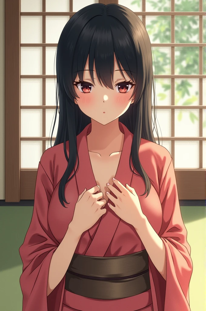 A photo of a woman on a futon in a narrow hotel room。A cute mid-teen girl with a slim body and big eyes wearing off-shoulder YUKATA is sitting facing forward with tears in her eyes, showing her small, pink, young nipples.、Surrender。A fat man with an excited face approaches her from behind and puts his hand inside her yukata and grabs her small breasts.