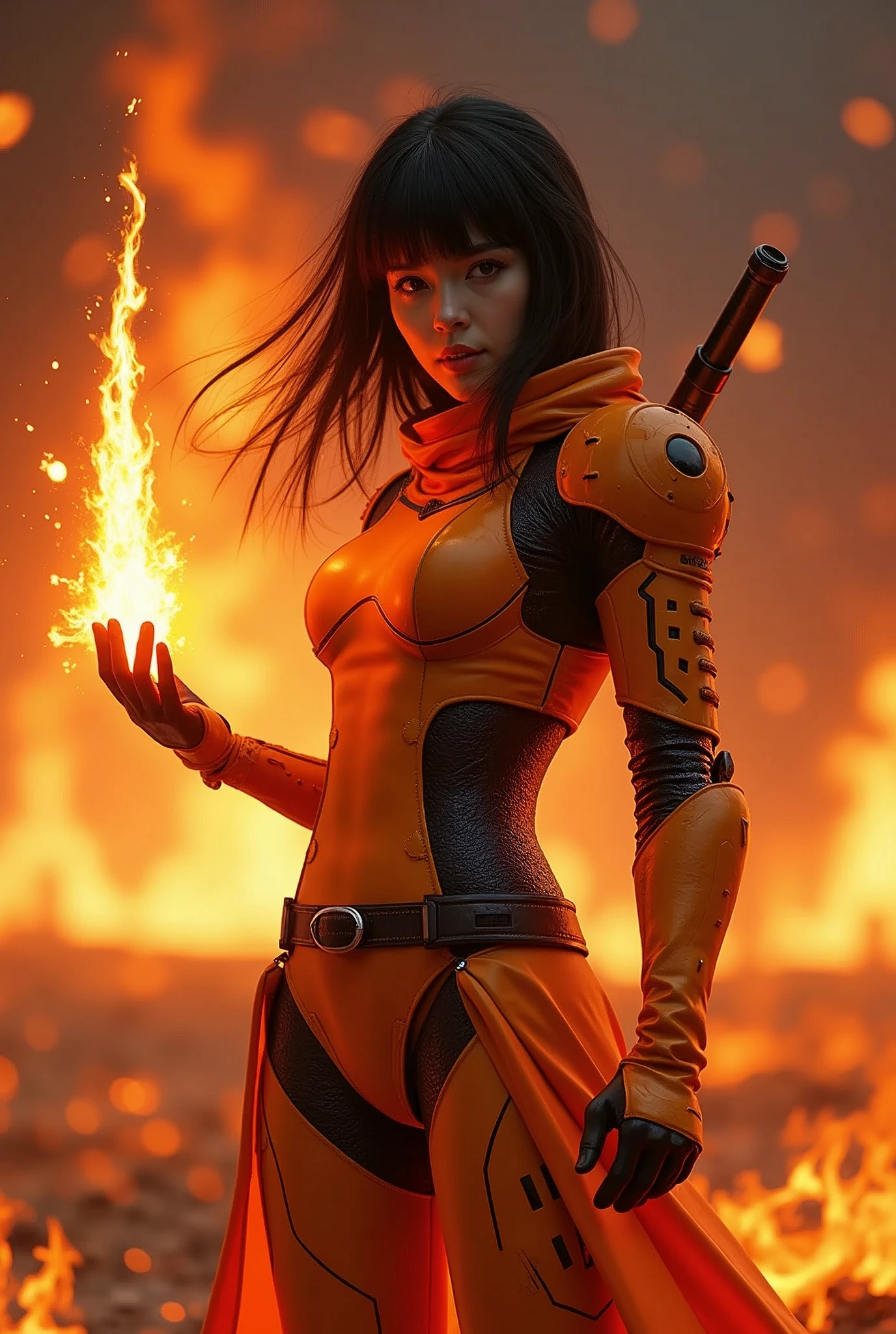 (masterpiece:1.2, Highest quality,Ultra-high resolution,Super detailed),8k,wallpaper,(Armored Core Style),Woman in ninja robot armor,Black Hair,Random Hairstyles,(Fire Ninja),(Orange body),(Detailed face:1.3),(Detailed body:1.3),(Cowboy Shot),(The background is a burning flame and a red battlefield:2.0),(Preparing for battle,Creates a blade-shaped flaming energy body in the palm of the hand.,The electronic parts of the armor glow.),(Detailed hands:1.6),(Flashy special move effects:2.0)