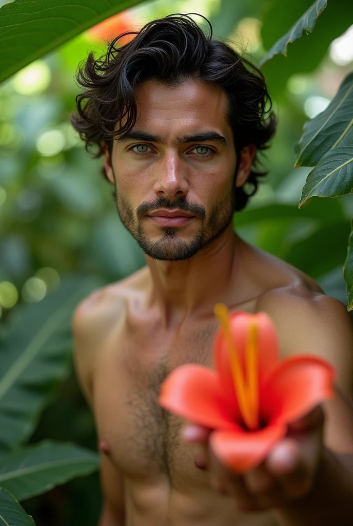 A dark-haired, blue-eyed Brazilian man in a lush tropical garden, hairless , with a close-up capturing the beauty of his penis and the natural flowers, showing off your natural charm and outgoing personality.