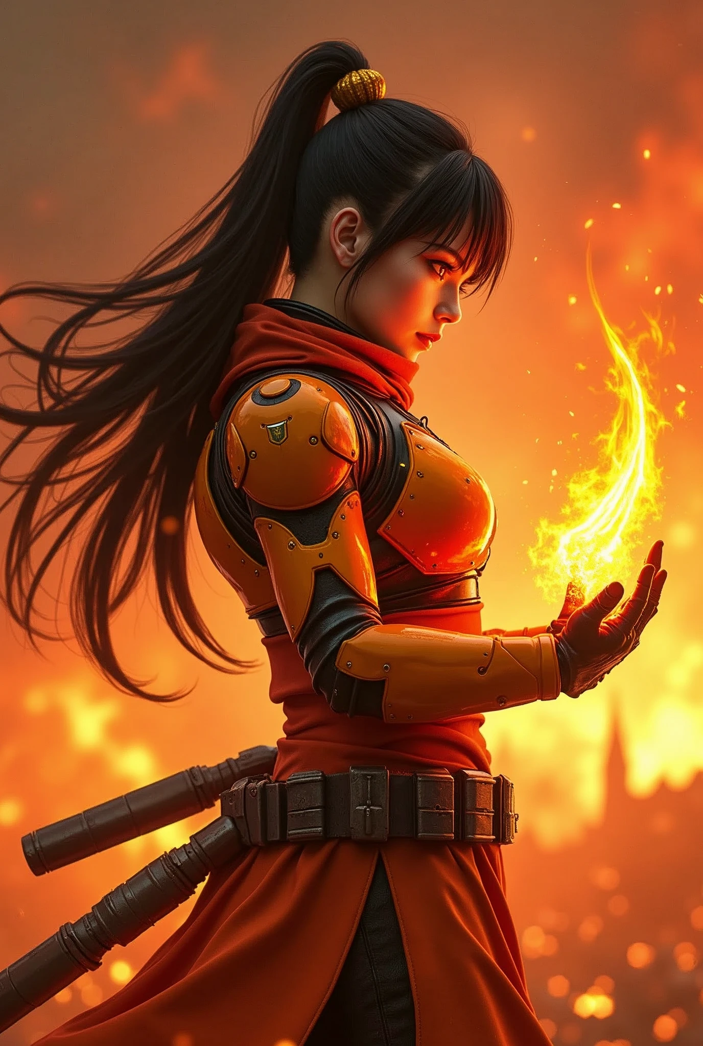 (masterpiece:1.2, Highest quality,Ultra-high resolution,Super detailed),8k,wallpaper,(Armored Core Style),Woman in ninja robot armor,Black Hair,Random Hairstyles,(Fire Ninja),(Orange body),(Detailed face:1.3),(Detailed body:1.3),(Cowboy Shot),(The background is a burning flame and a red battlefield:2.0),(Preparing for battle,Creates a blade-shaped flaming energy body in the palm of the hand.,The electronic parts of the armor glow.),(Detailed hands:1.6),(Flashy special move effects:2.0)
