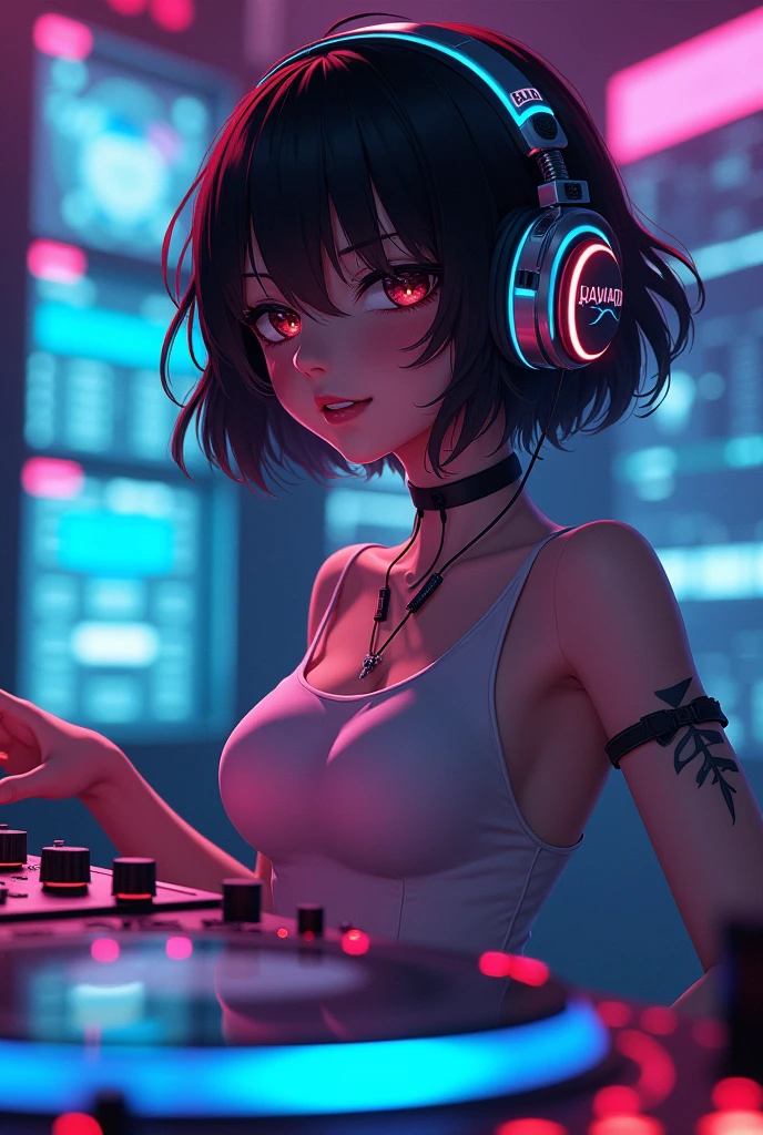 (masterpiece:1.3), (Highestの品質:1.2), 8k, Absurd, Unity 8k wallpaper, (Very detailed:1.3), Highest, Realist, Blurred Background, Blurry close-up, (1 Chika:1.2), She is wearing a tight dress, like々Enhances your curves, Make it look sexy, (Headphones:1.1), (Neon Light:1.1), Mechanical Headwear, (Mechanical Wings:1.1), Frowning, (dynamic pose:1.1), (Floating hair:1.2), (Turntable:1.2), (Psychoderic:1.2), dynamic pose, (electric wire:1.1), (light:1.2), Please open your eyes, Diaphragm, smile, (music:1.2), cable, Godrays, (internal:1.2), From one side, (musical instrument:0.7), Desperate, Passionate, Lively, intense, Numb, Stimulate, dynamic, exciting, Explosives, Wake up, (crowd:1.2), light, Neon Light, Fan, (electricity:1.2), (Electronic music:1.1), (Sound Mixing:1.3), Medium part short hair, Black short hair, Arm tattoo, Cyberpunk Clothing, No bangs, Full Arm Tattoo---Based on this prompt、Futuristic server room in the background、Wear headphones、Turntableを操作するピンク色の髪の女性DJの画像を生成してください。