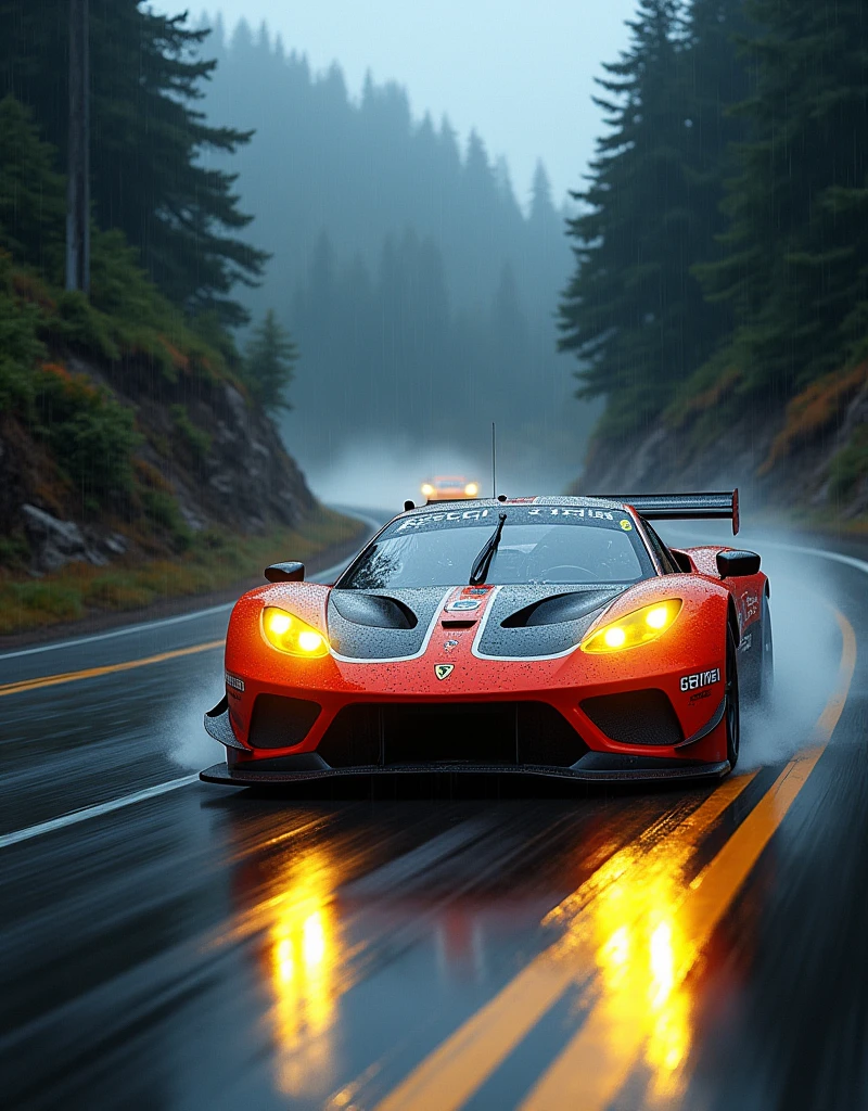 Race cars in a high speed street race (best quality,4k,8k,highres,masterpiece:1.2),ultra-detailed, ((a customized car)), ((street racer)), ((a beautiful paintjob)), ((fully detailed)), illustration, vivid colors, GTR, NSX, Drifting, going fast, night, bright yellow headlights,setting USA Oregon's Mountain roads, No text on signs, Late night time, Set in a rain storm with lightning,1 car.,Nature, model shoot style, Fast action style, Sideways drifting in to a turn, Red and black cars,