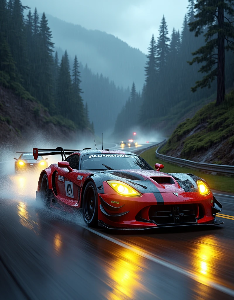 Race cars in a high speed street race (best quality,4k,8k,highres,masterpiece:1.2),ultra-detailed, ((a customized car)), ((street racer)), ((a beautiful paintjob)), ((fully detailed)), illustration, vivid colors, GTR, NSX, Drifting, going fast, night, bright yellow headlights,setting USA Oregon's Mountain roads, No text on signs, Late night time, Set in a rain storm with lightning,1 car.,Nature, model shoot style, Fast action style, Sideways drifting in to a turn, Red and black cars,