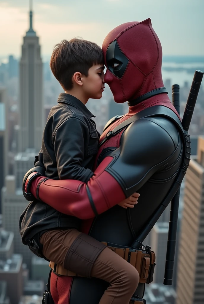 A cool Deadpool wallpaper in which Deadpool is carrying a smart and a bit tall 14 year old boy in his arms and they are Happy and kind of sexy and Deadpool is loving him realistic (brittness 50) and they are at heights and the boy is smart and Deadpool is trying kissing him or touching the nose from his nose and they are at heights full body