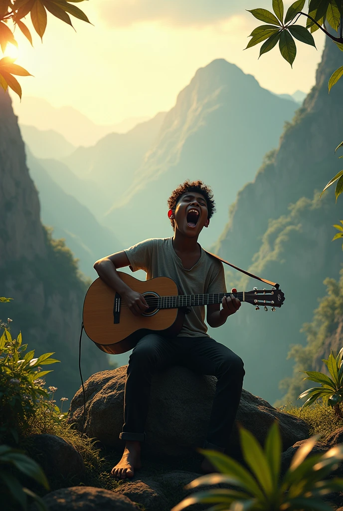 A 15 yeqr old sri lankan boy playing guitar and singing loud in a mointain withoit showing his face by sitting ina rock