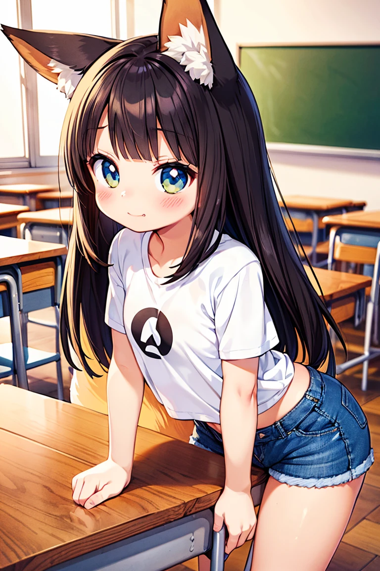 Beautiful illustration, best quality, cute girl, ((In a classroom)), pastel color, natural tones, ((Straight Dark hair)), ((Fox ears)), ((Looking at viewer)), ((Athletic body)), ((Black sports top)), ((Denim shorts)), ((Smug)), (Blush), bright lighting, ((Big eyes)), ((v-sign)), ((Perfect hands)), ((Table humping))