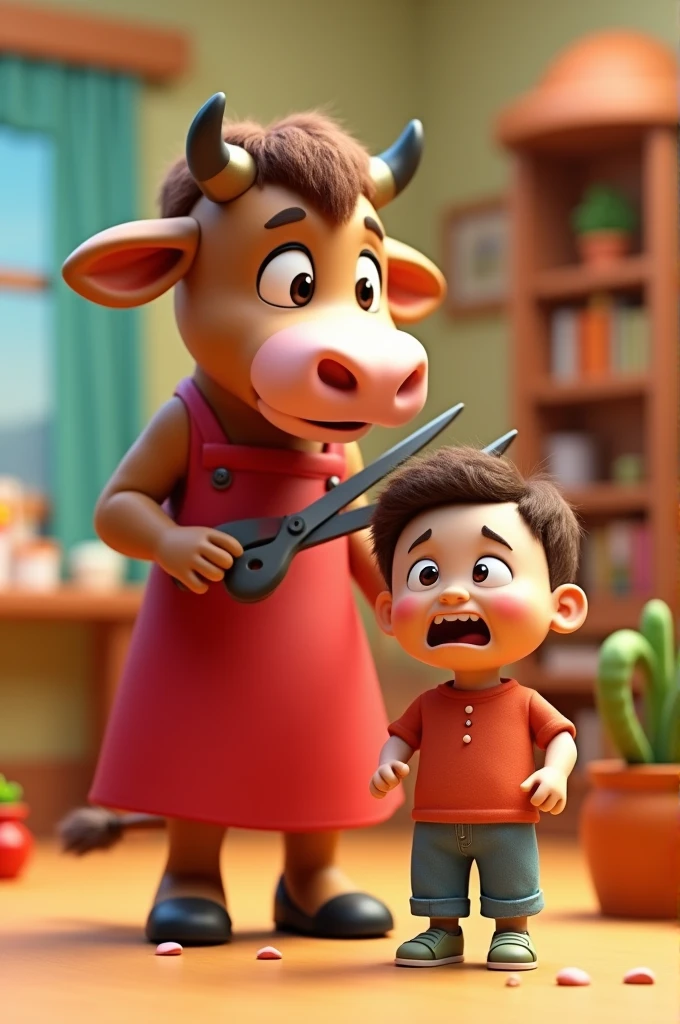 A brown cow in a red dress with scissors in her hand cutting the bangs of a crying boy, make the style be Cartoon but 3d