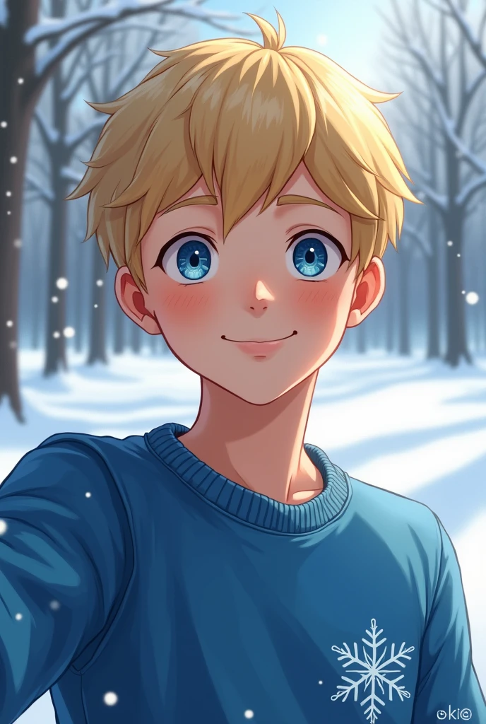 (design photo between realistic and anime) a boy with short, straight blond hair, blue eyes and white skin with a pose as if she had taken a selfie and wearing a blue sweater and a discreet snowflake design, and behind on the snowy stage. And that he/she be of an approximate age of sixteen years with a robust build and smiling.