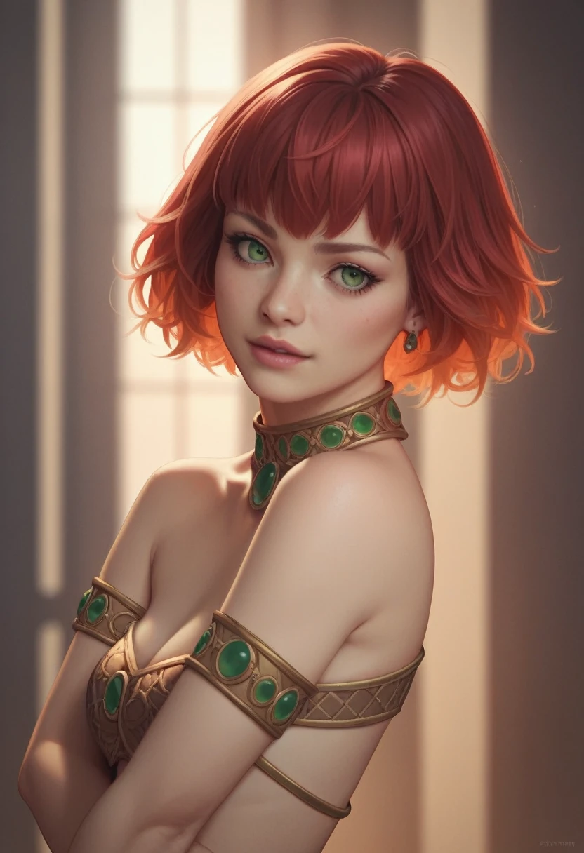 ffxi character, lilisette, short red hair, green eyes, dancer's bangles, climactic flourish, more real, realism