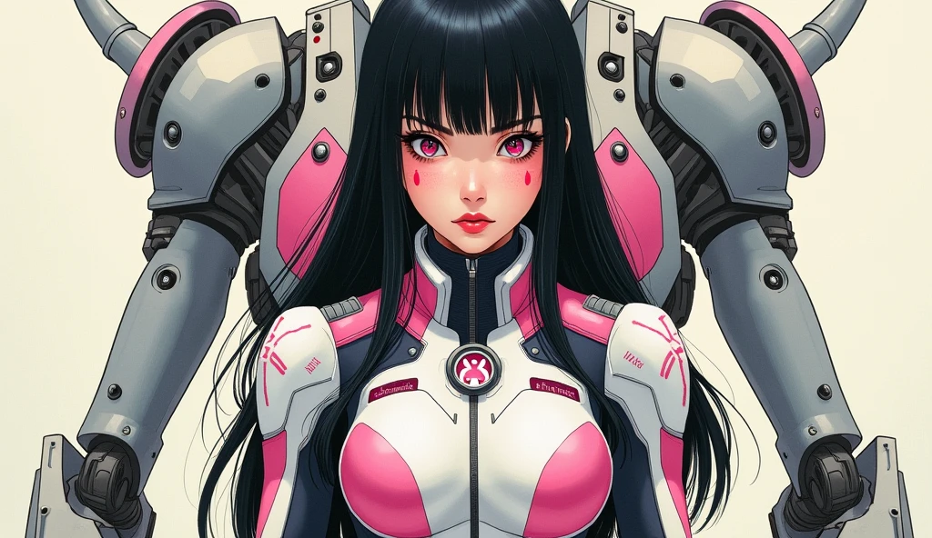 A young woman with long, dark hair and bangs that fall over her forehead. She wears a fitted futuristic suit in white, pink, and black tones with technological details, including a rabbit image on her chest. Her expression is serious and determined, and she has pink facial marks on her cheeks. She is in a front-facing half-body position, leaning against mechanical-looking machinery. The artistic style is a drawing with thick lines and saturated colors, with a touch of cyberpunk and a finish that mimics the texture of a paper print or a retro comic.