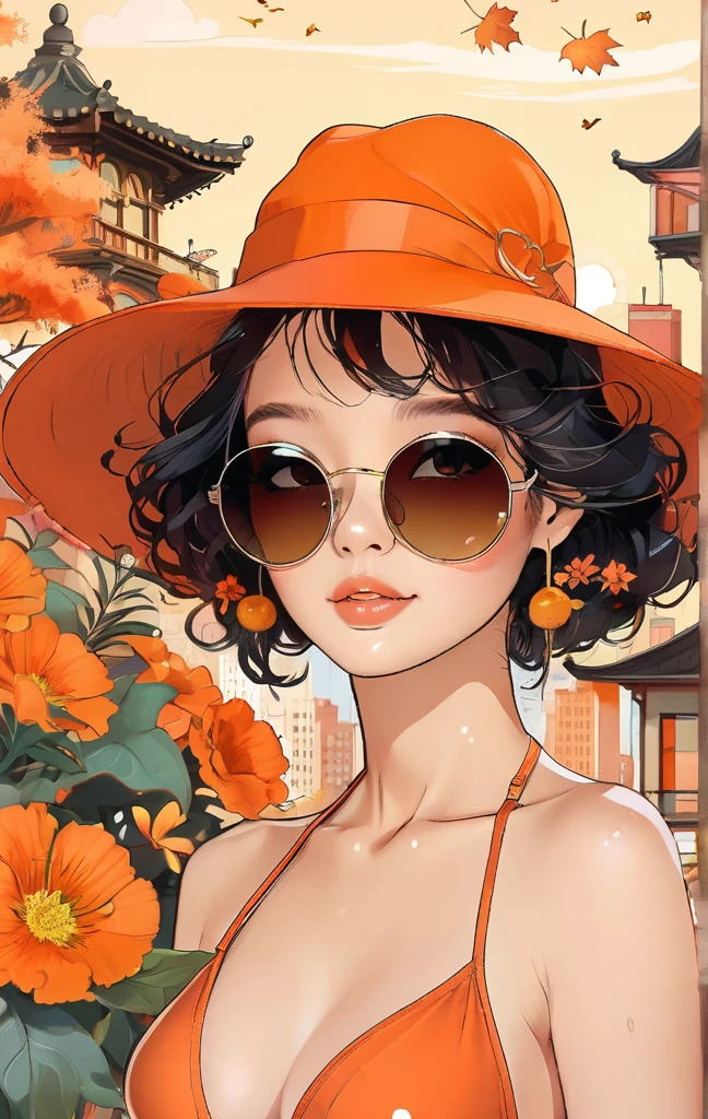 A beautiful woman in a swimsuit made of flowers, wearing a hat and large black sunglasses, poses gracefully for a full-body shot surrounded by a cityscape in autumn colors. The digital art style features a vibrant orange and brown color palette and detailed illustrations. The fantasy background includes fantasy architecture, buildings and a fantasy city in the distance, drawn in a cute and elegant style. Dynamic angles,