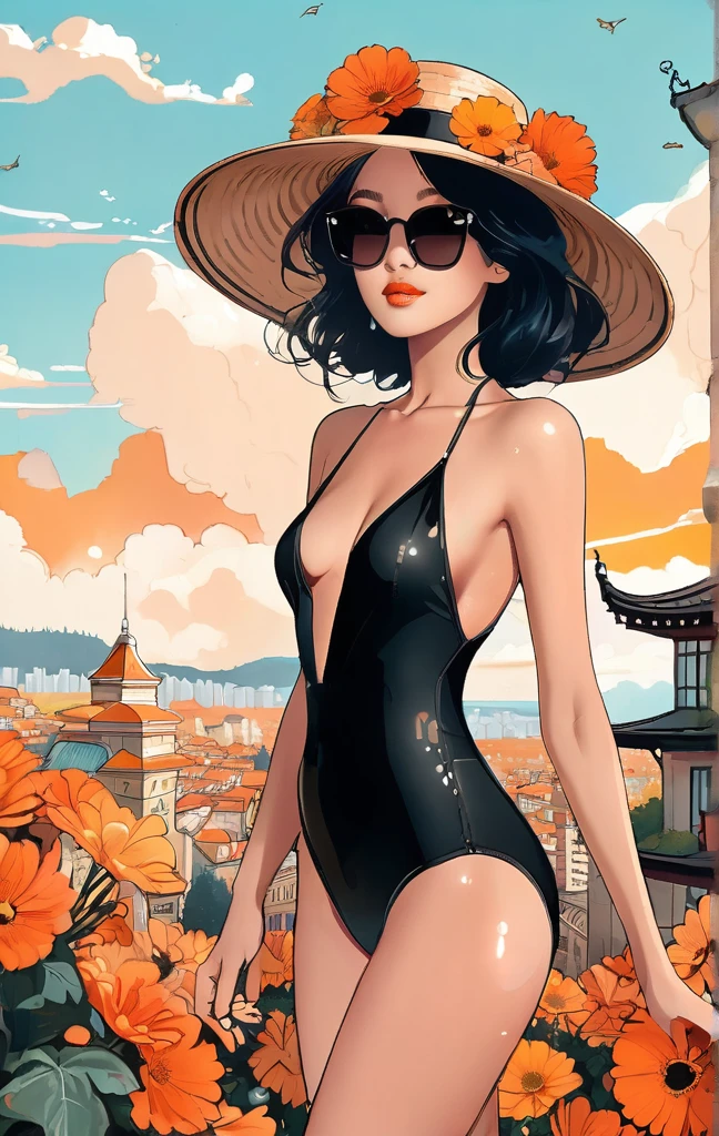 A beautiful woman in a swimsuit made of flowers, wearing a hat and large black sunglasses, poses gracefully for a full-body shot surrounded by a cityscape in autumn colors. The digital art style features a vibrant orange and brown color palette and detailed illustrations. The fantasy background includes fantasy architecture, buildings and a fantasy city in the distance, drawn in a cute and elegant style. Dynamic angles,