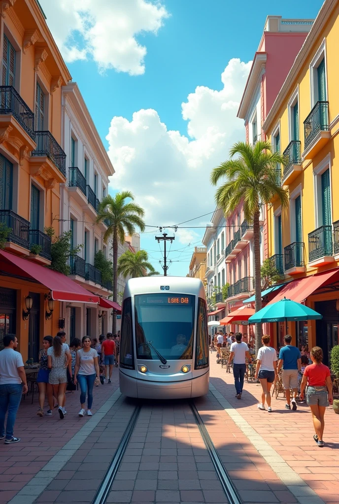 Panama's pedestrian street with a modern tram at a stop