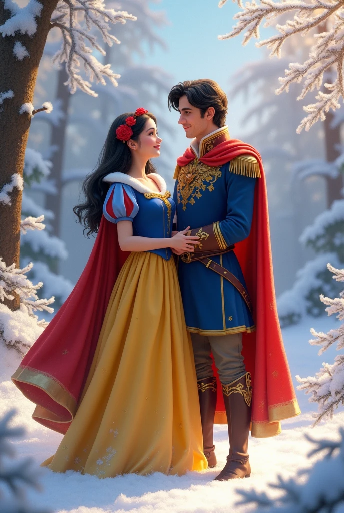 Snow White and Prince Florian stand together in a picturesque glade. Snow White is resplendent in her classic dress, a vivid blend of yellow, blue, and red that contrasts beautifully with the soft, white snow around them. Her delicate, pale face is framed by her ebony hair, and her gentle smile radiates warmth. Prince Florian, regal in his traditional blue tunic and crimson cape, stands beside her with a look of unwavering devotion. The background is a wintry wonderland, with snow-draped trees and a serene sky, creating a perfect, fairy-tale moment of timeless romance.