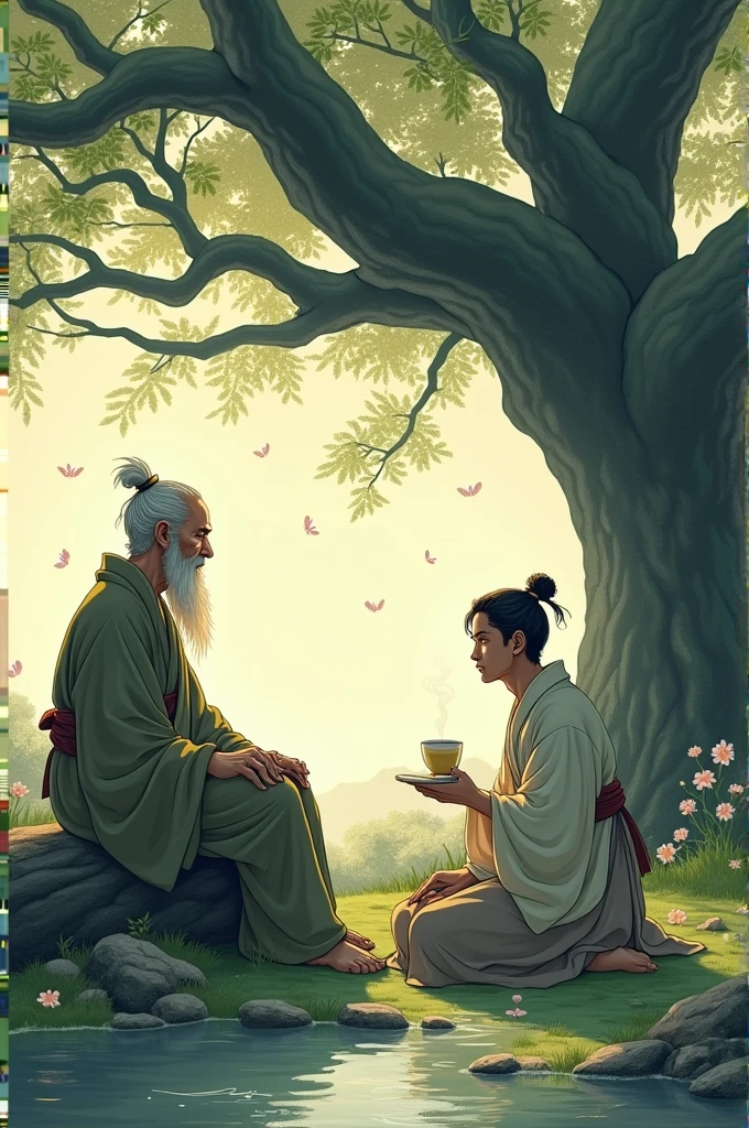 Anime A wise man under a tree and in front of him sits a young man listening to him
