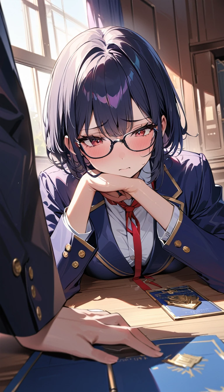Highest quality, Awards, High resolution, Attention to detail, Super Detail, A high school girl with black short bob hair, Glasses,Red ribbon,wearing a navy blazer ,Anguished
