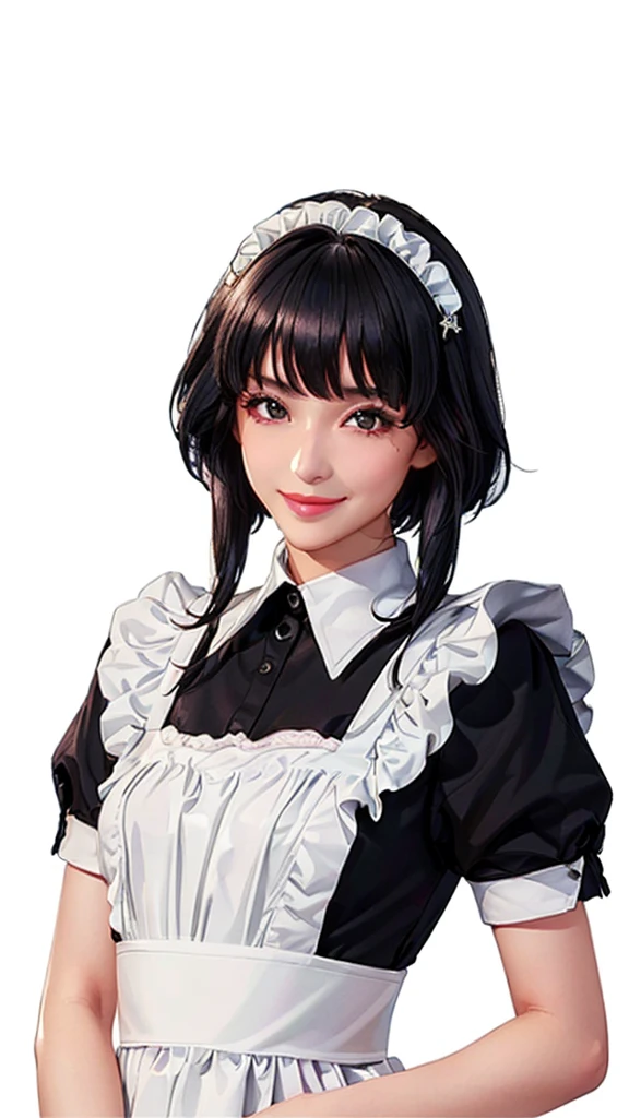 (((Perfect body,White and tender skin,(((maid attire, black pantyhose, high heels ))),(((sui-feng, short hair, short hair with long locks,Black hair))),((masterpiece)),high resolution, ((Best quality at best)),masterpiece,quality,Best quality,((( Exquisite facial features,Looking at the audience,There is light in the eyes,Smile))),))),(((Light and shadow,Small chest,))),(((Looking at the camera,White background,)))),