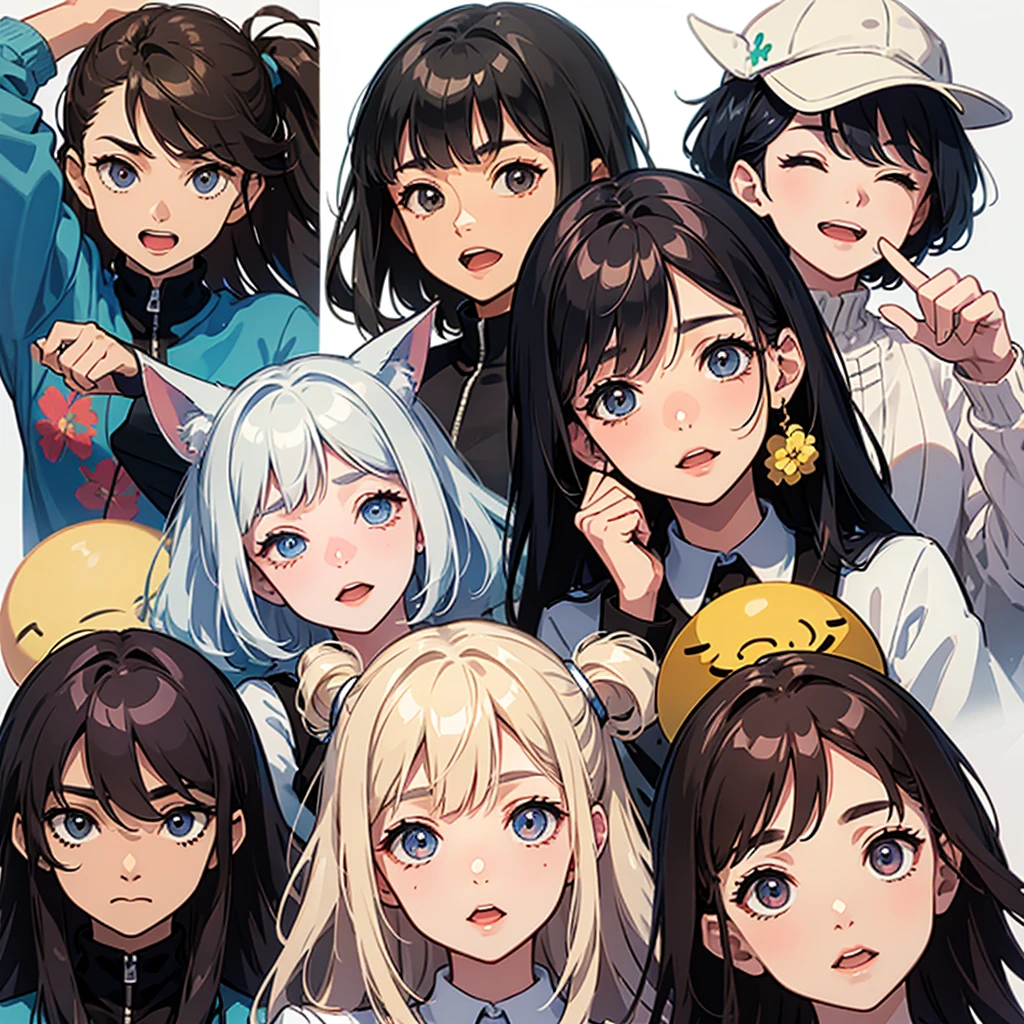 same character in all four images ,1 image eyes open and mouth closed , 2 image eyes open mouth open ,3 image open mouth closed eye , 4 image eyes closed mouth open