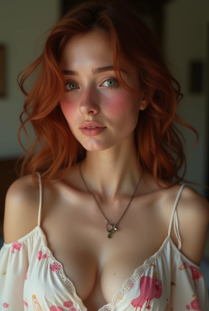 A Brazilian woman at her boyfriend's house, with a white nightgown and a pink lucky with white animal on the nightgown, with an onion-like face with white skin when you press it it turns light red,with breasts and ass,her brown hair dyed red.