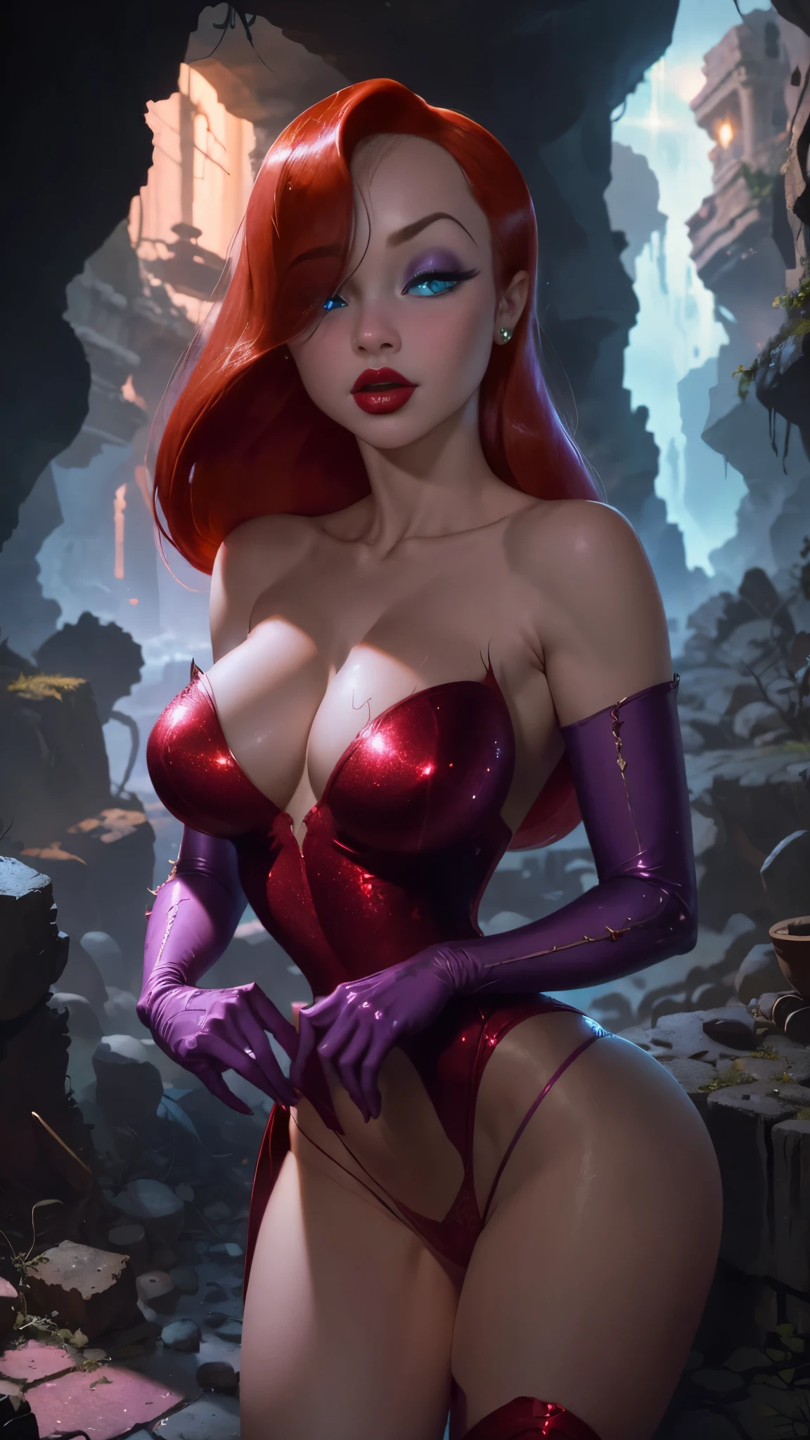 masterpiece, HD, full detailed, Jessica Rabbit, sideless red dress, glitter dress, purple sleeve gloves, red hair, detailed eyes, perfect eyes, green eyes, pink eye make up, red lipstick, cleavage, seductive look, looking at viewer, presenting pussy, spread pussy, pubic hair, pussy, cum dripping, Unreal Engine:1.4,UHD,The best quality:1.4, Photorealistic:1.4, skin texture:1.4, masterpiece:1.8, More detailed 8K.Unreal Engine:1.4,UHD,La Best Quality:1.4, Photorealistic:1.4, skin texture:1.4, masterpiece:1.8,first work, Best Quality,object object], (detailed face features:1.3),(The correct proportions),(Beautiful blue eyes:1.4 ),  (cowboy pose:1.4 ), (perfect anatomy :1.4),( cinematic lighting :1.4),( face detailed :1.4), ,(Background of ruined dungeon ruins cave cavern big stones alley Tokyo :1.4 ), (Jessica Rabbit:1.4), (mostrando panties :1.4), (estilo encaje lingerie :1.4) 