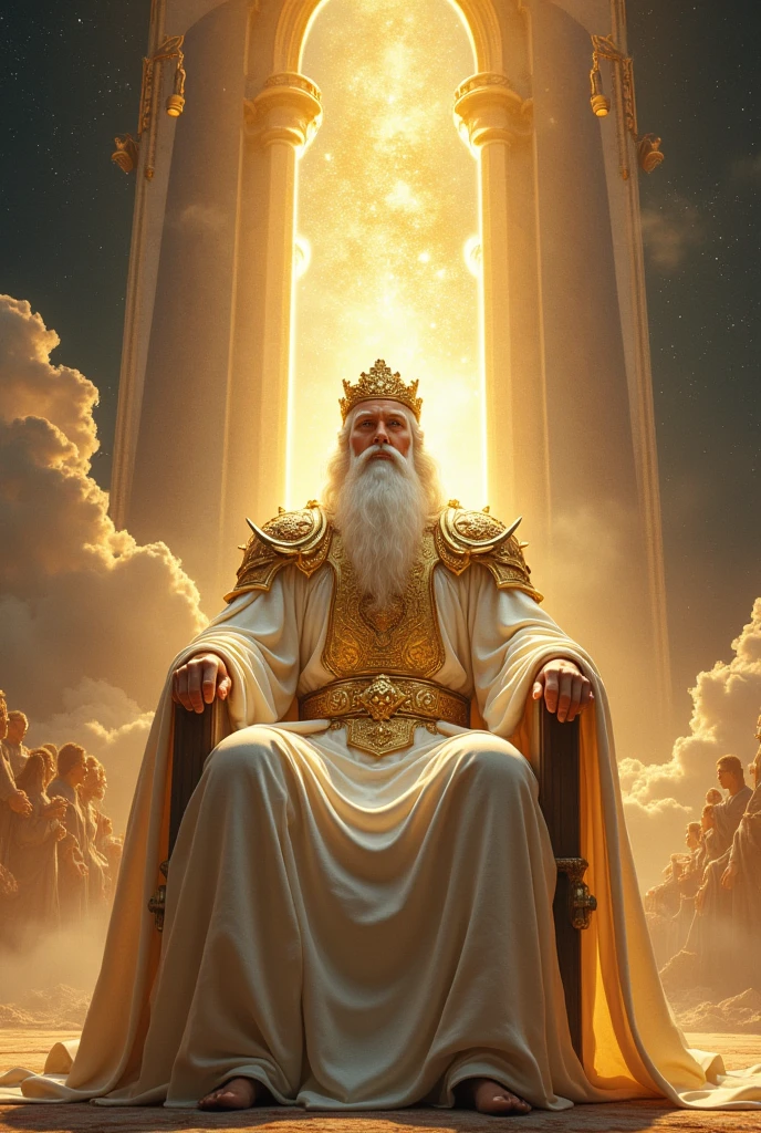 a young luminous man with posture, powerful and majestic, with huge white hair, with a big white beard, facing the front, with white robes, with a breastplate, with a golden belt and a large shining golden crown on his head sitting and leaning on a large throne, and exalted and spacious all in gold with shoulder armor watching planet earth from space