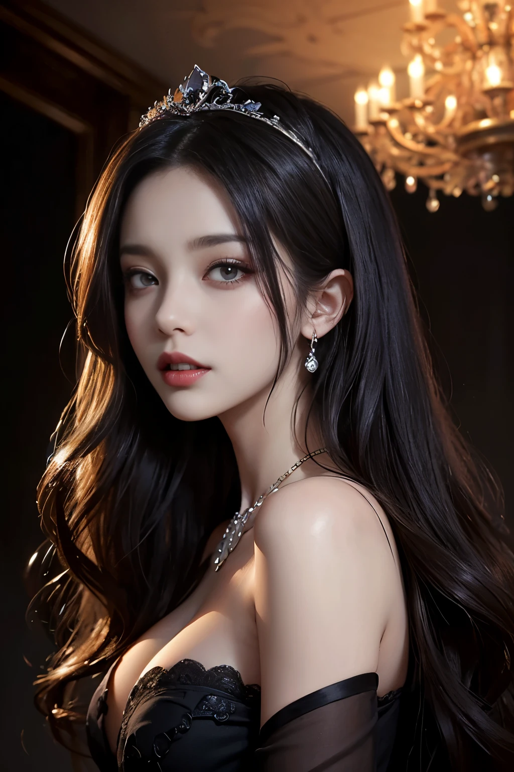 highest quality、masterpiece、32K、Award-winning work、hyper realism、Vampire Princess、恐ろしいVampire Princess、Natural forehead、spooky、white skin、evil makeup、No expression、((scary 1.5)、)close up of face、close-up photo of face、Photographing faces with beautiful composition、the most detailed and beautiful face、a merciless look、look at me、long eyelashes、spookyなメイク、black lips、eye shadow、艶のあるblack lips、Finest super high detail skin、The most detailed eyes、(The most luxurious and highest quality giant tiara、The most luxurious and highest quality giant necklace、The most luxurious giant ruby、The most luxurious jewelry decoration、The most luxurious and finest red princess dress in black)、cleavage、pitch black background、dark、Beautiful long wavy hair、Full body photo 1.5、Bare shoulders 1.2、Corset at the waist、Ceiling lighting 1.5、Matte Photo 1.4