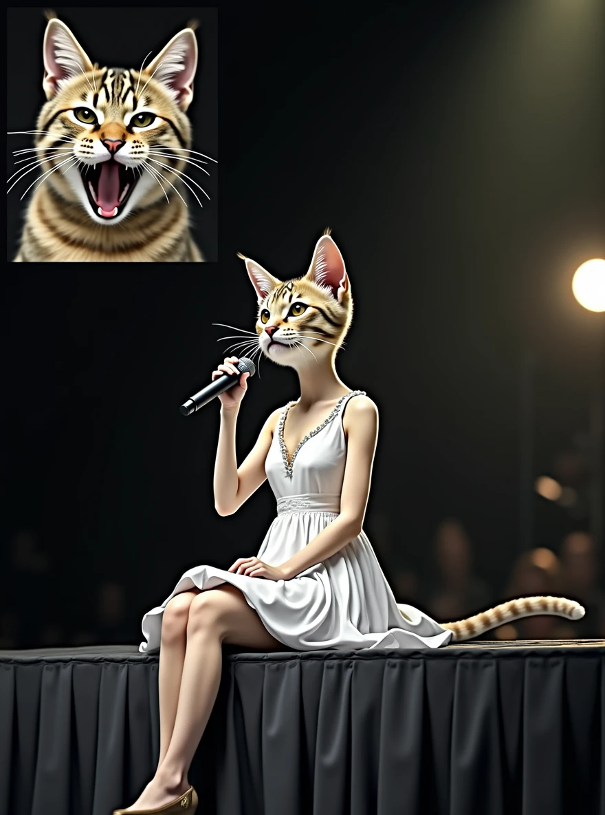 A cute female cat is wearing a one-piece white dress and sitting at the edge of the stage singing with a microphone。In the small screen at the top left of the screen, there is a close-up of the face of another fat cat in the audience, yawning with its mouth wide open.。(((photograph、Realistic)))