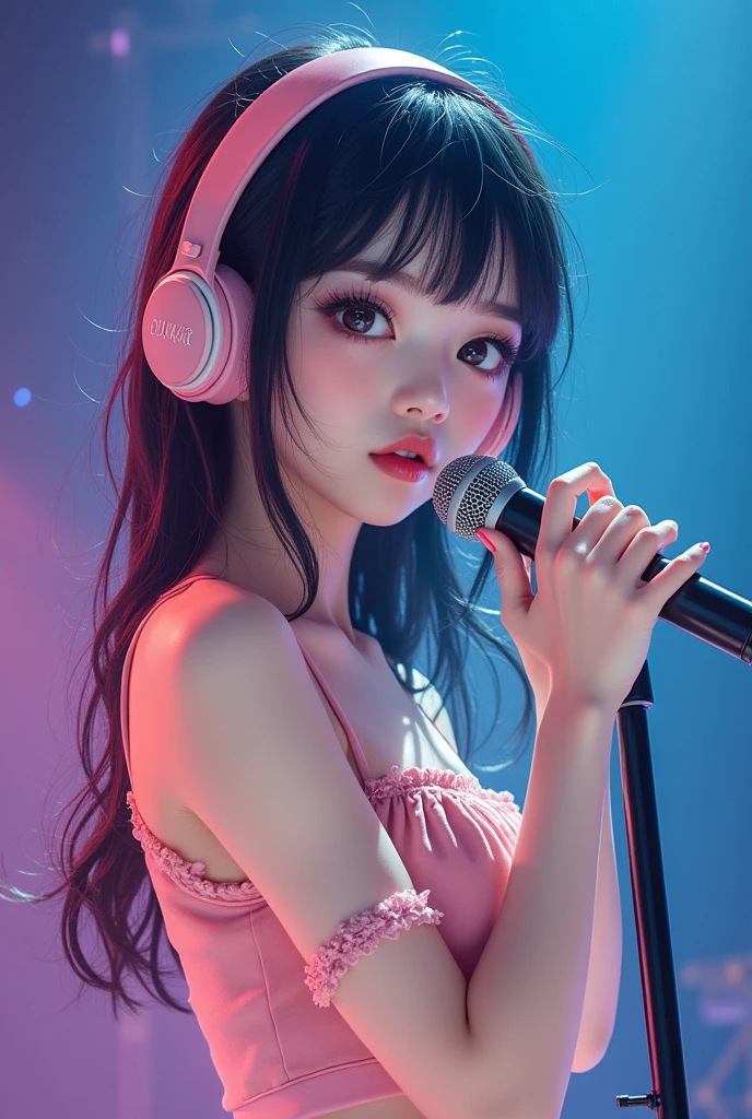 (Highly detailed), Young Korean girl, fourteen years old, beautiful, kpop idol, medium sized boobs, black hair with blonde strands, beautiful, has acrylic nails, dreamy makeup, cute outfit, on stage, performing, dream core makeup, dream core outfit, headset microphone