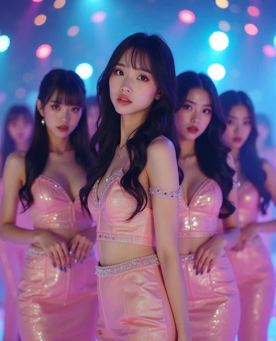 (Very detailed), Korean Girls, K-Pop Idols, Medium , Black hair mixed with blonde, beautiful, I have acrylic nails, Dreamy makeup, Cute Costumes, on stage, Execute