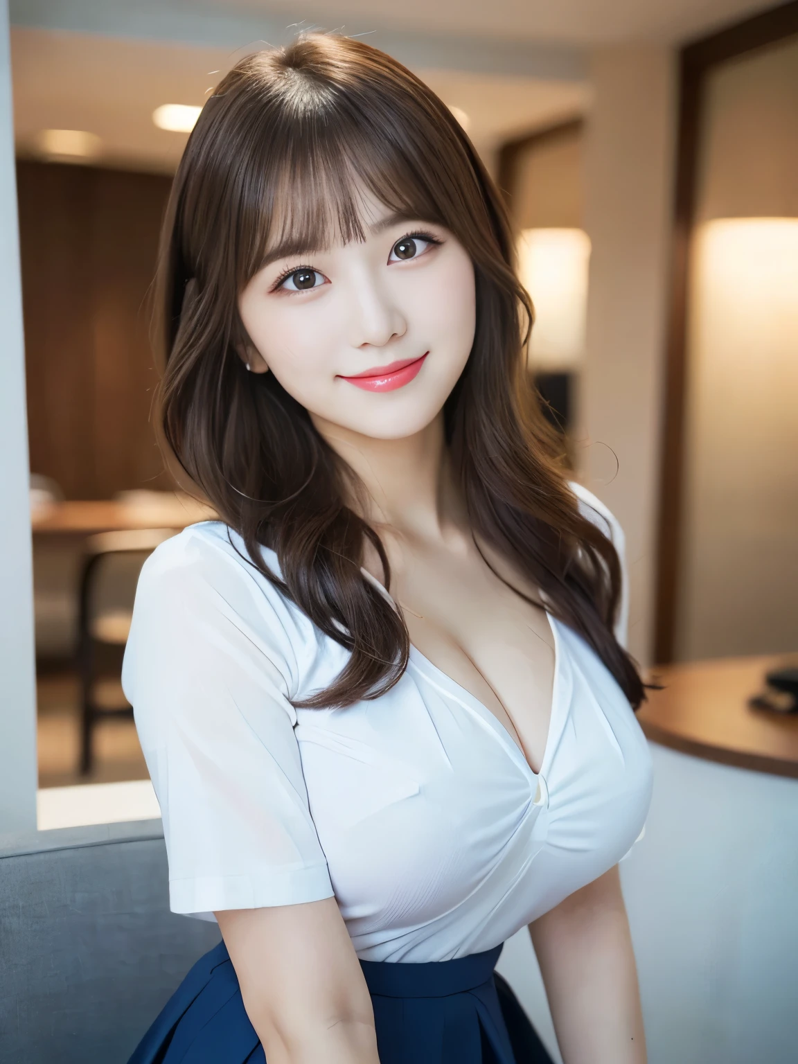 Looking at the camera、gazing at viewer、huge tit、cute smile face、((realphoto:1.5)),Photorealistic、Live action、cleavage of the breast、Navy blue office suite with skirt、white shirt、Photo from the knee up、Keep your back straight、up chest、erect through、(Surreal), (High resolution), (8K), ((Extremely detailed)), (Best Illustration),(((Beautiful detailed round eyes))), (Sexy eyes),(Sexy smile), (Best Quality), (masutepiece), (Detailed face), Solo, long curly brown hair,1.1, (Super detailed lip lawn eyelid body)