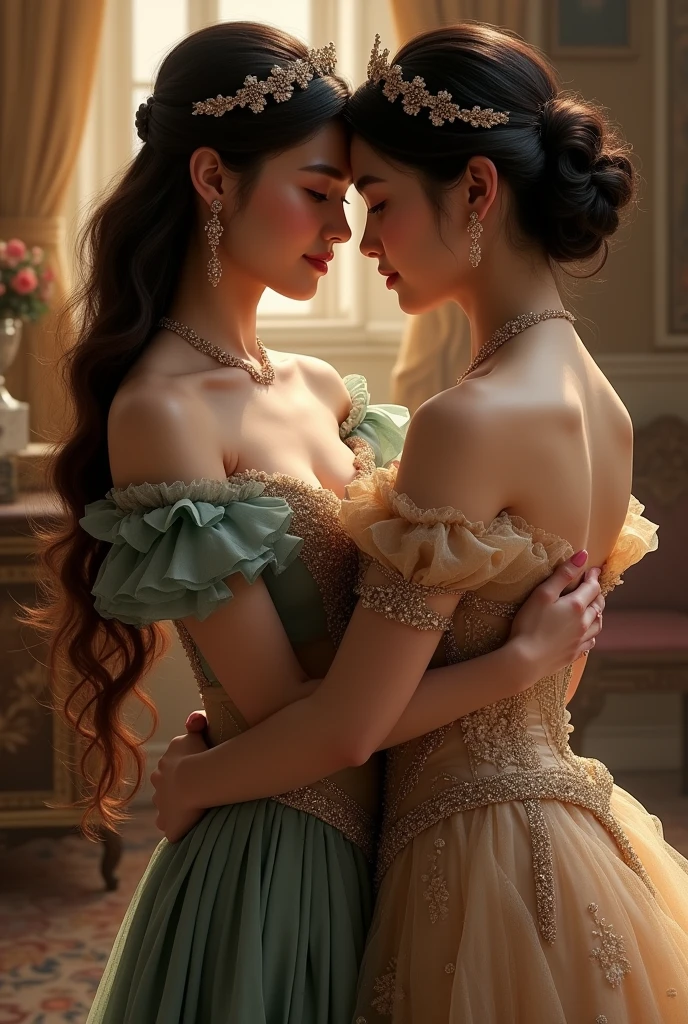 (masterpiece, highest quality, official art, beauty and aesthetic:1.5), perfect anatomy, two women is deeply in love with each other, kiss, romantic atmosphere, flower and moon, magnificent panorama view
