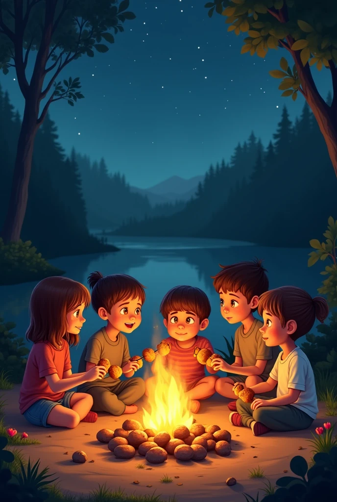 There are some children in circle sit near a camp fire and eating roasted potatoes  and chana 
