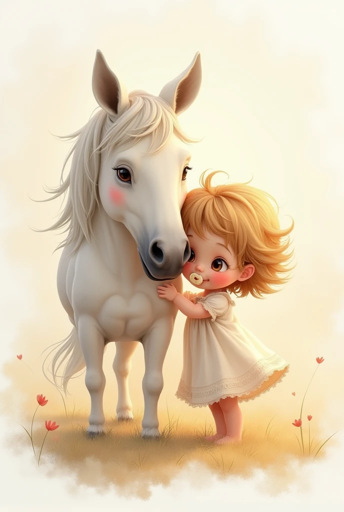 A little baby, blonde, Medium hair, Brown eyes, with a light dress and a pacifier, hugging a light yellow horse, short white mane like a watercolor drawing