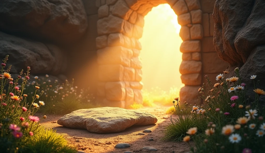 The image of the empty tomb with the stone rolled away. Rays of light shine all around, symbolizing hope and rebirth. Flowers and nature all around to bring a feeling of renewal and joy.