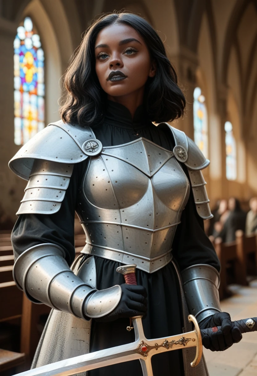 black skin woman,blue eyes, classic black bob hair,black lipstick,wearing medieval armor,holding a sword,in old church