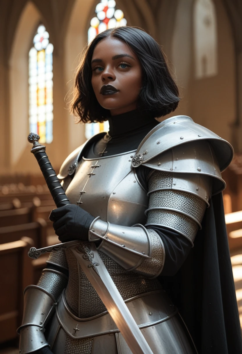 black skin woman,blue eyes, classic black bob hair,black lipstick,wearing medieval armor,holding a sword,in old church
