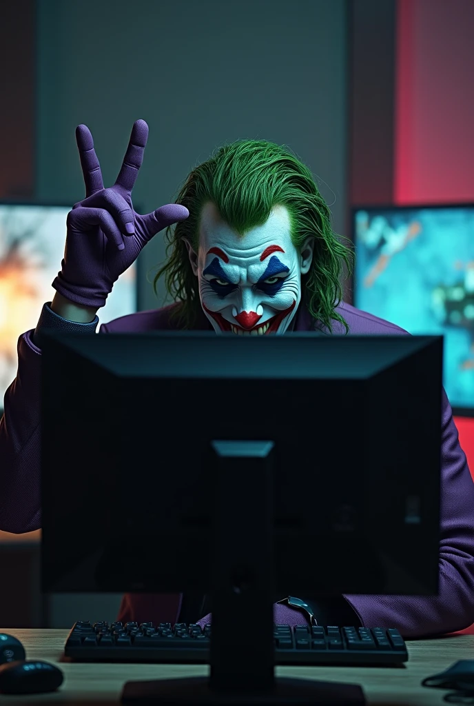 Joker laughing while sitting and looking at the monitor of a gaming PC.
Joker is also making an L with one hand using his index finger and thumb to make it look like an L and with his middle fingers, ring and pinky closed.
The perspective of the image view has to be behind the joker, with a wider view of the monitor.
THE JOKER IS MAKING AN L with ONE HAND and not a 2 sign The perspective has to show the entire monitor screen THE JOKER IS MAKING AN L with ONE HAND and not a 2 sign
