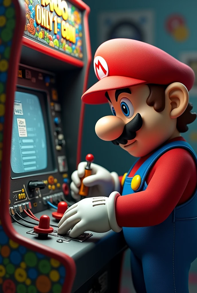 Mario instaling system on arcade machine fom label Só 1 Ficha near view, wires and cables, computer for instalation