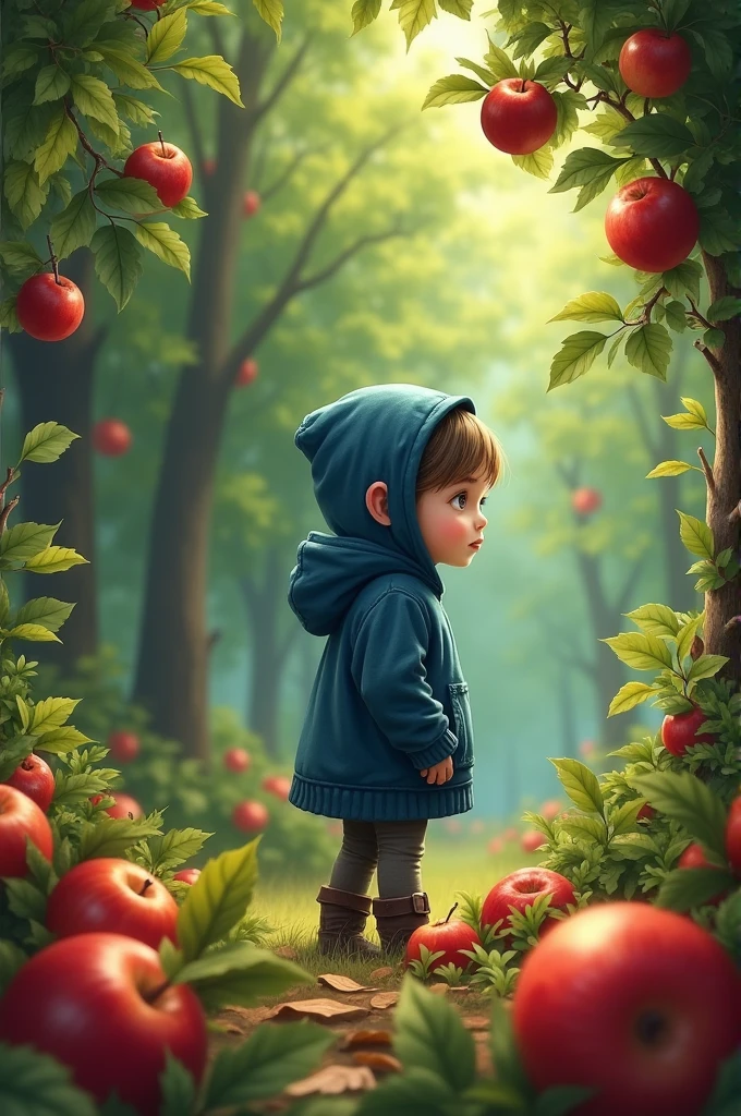 Girl in blue hoodie in the forest with a bunch of apples